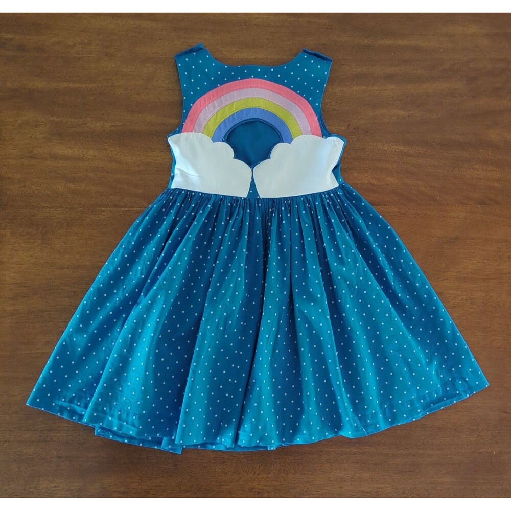 Mini Boden Girls Dot Print Embellished Cutout Cotton Dress Blue Rain Dress 6/7